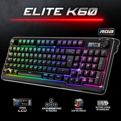 Brezžična gaming tipkovnica Elite K60 – RGB, LCD zaslon, 3-načini povezave