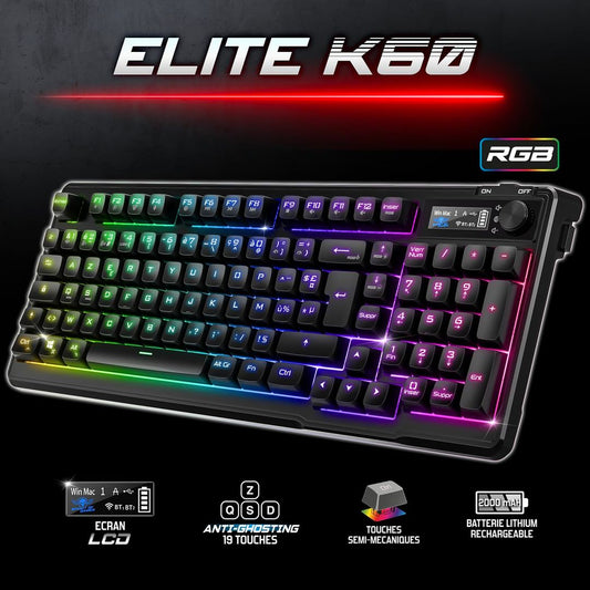 Brezžična gaming tipkovnica Elite K60 – RGB, LCD zaslon, 3-načini povezave