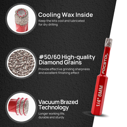 FOCSTOL komplet 6/6/8/10/12 mm – diamantni svedri za keramiko, porcelan, marmor in granit (5-delni)