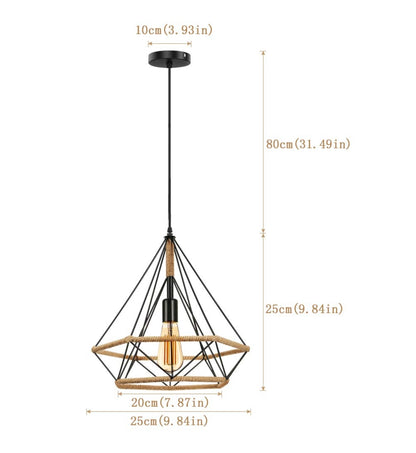 💡 Industrial pendant light with metal frame and hemp rope, E27