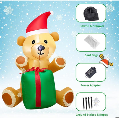 Napihljiv božični medved z darilom – tkanina Oxford, notranja LED osvetlitev, višina 122 cm