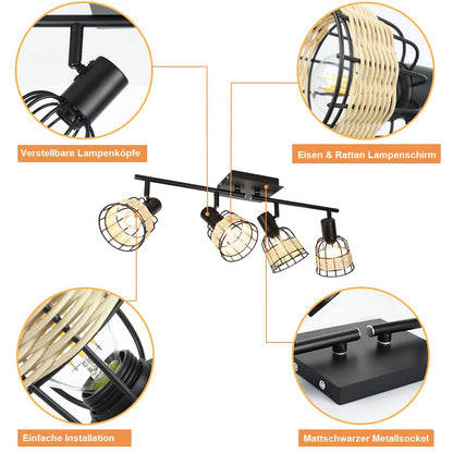 💡 Depuley ceiling lamp 4×E14 – black with rattan shades