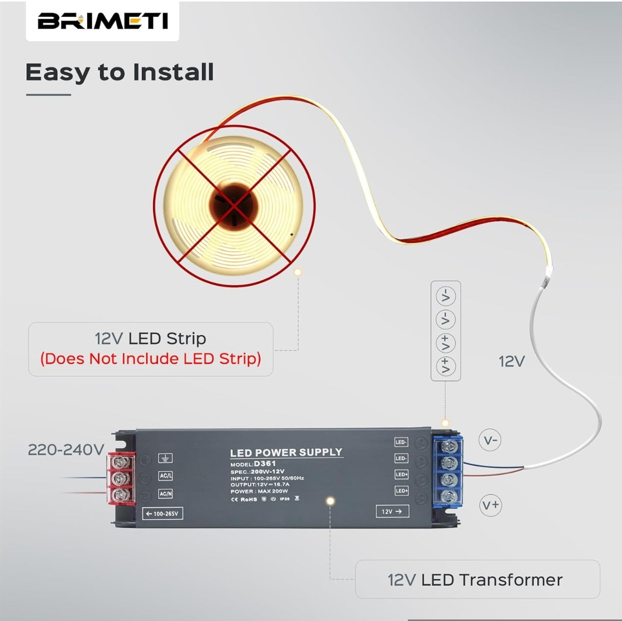 BRIMETI LED transformator 12V 100W, 8,33A – ultra tanek napajalnik za LED trakove