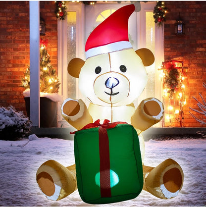 Napihljiv božični medved z darilom – tkanina Oxford, notranja LED osvetlitev, višina 122 cm