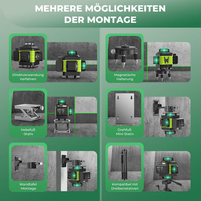 Gradbeni laser 4x360°, 2x baterija s stojalom in dodatki - zelen žarek